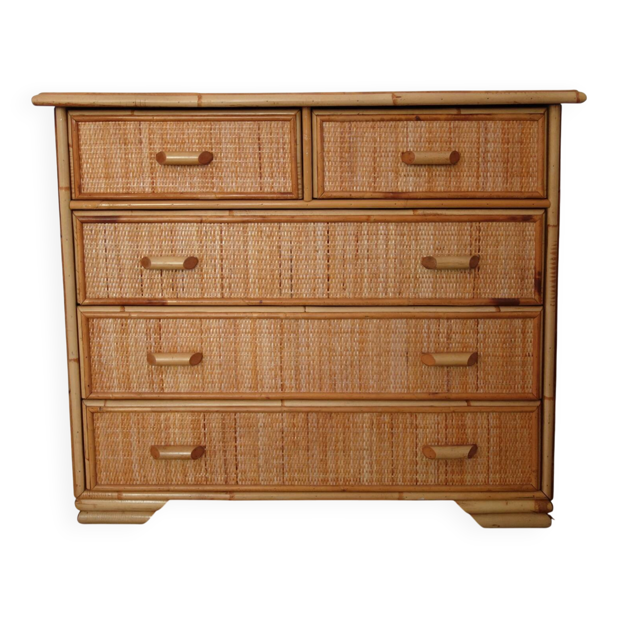 Ensemble osier commode 5 tiroirs et 2 chevets