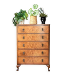 High walnut brown chest of drawers, antique tallboy with 5 drawers, honey finish.