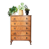 Commode haute en noyer marron, semainier ancien à 5 tiroirs, finition miel