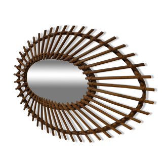 Miroir oeil en rotin des années 50/60
