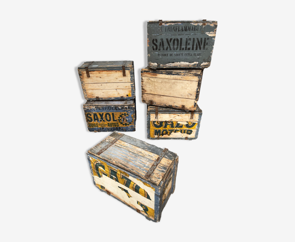 Lot de 6 caisses ou coffre de garage automobile huile Gasoleine Saxoleine 1950’