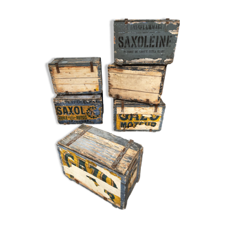 Lot de 6 caisses ou coffre de garage automobile huile Gasoleine Saxoleine 1950’