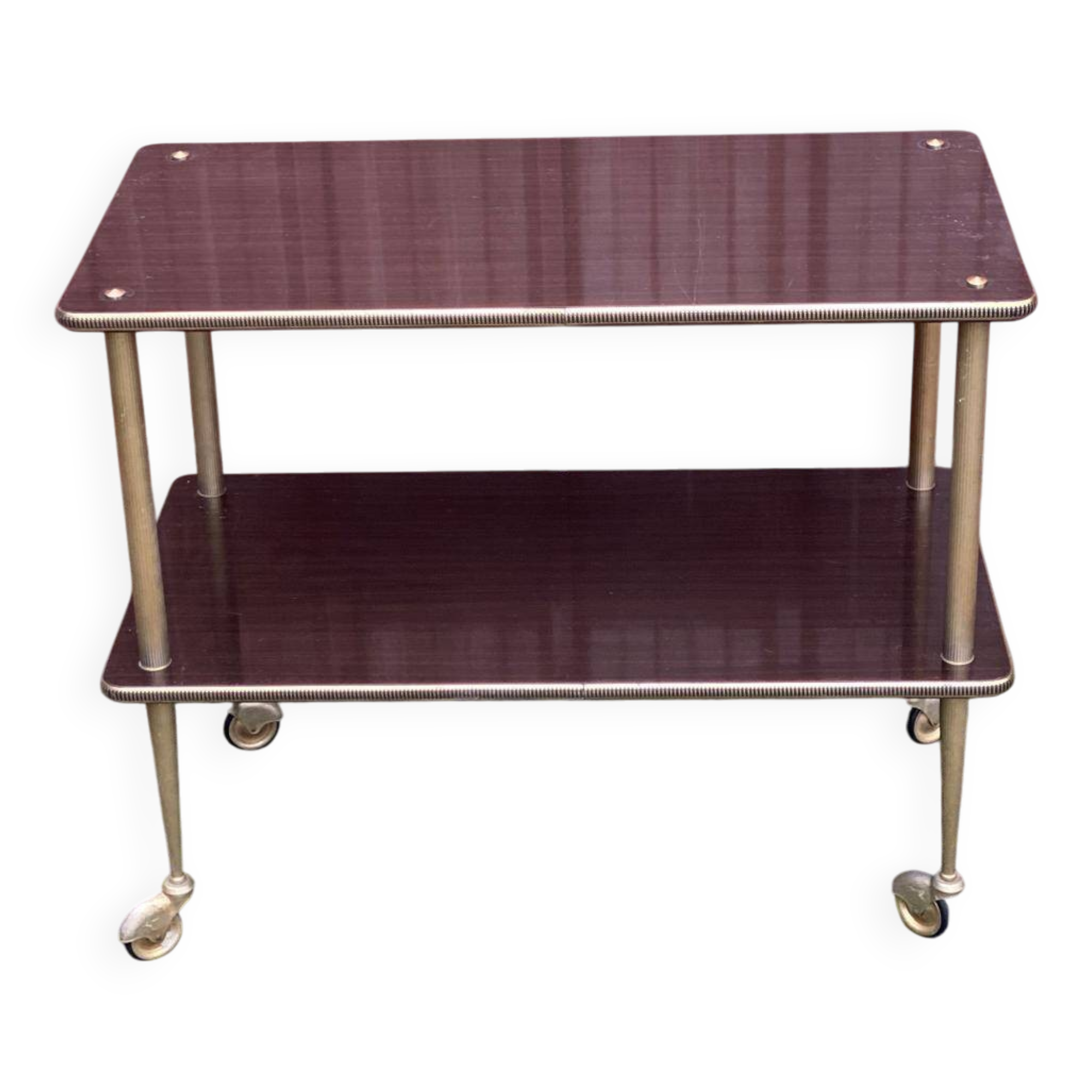 Brown rosewood rolling table with gold fluted legs