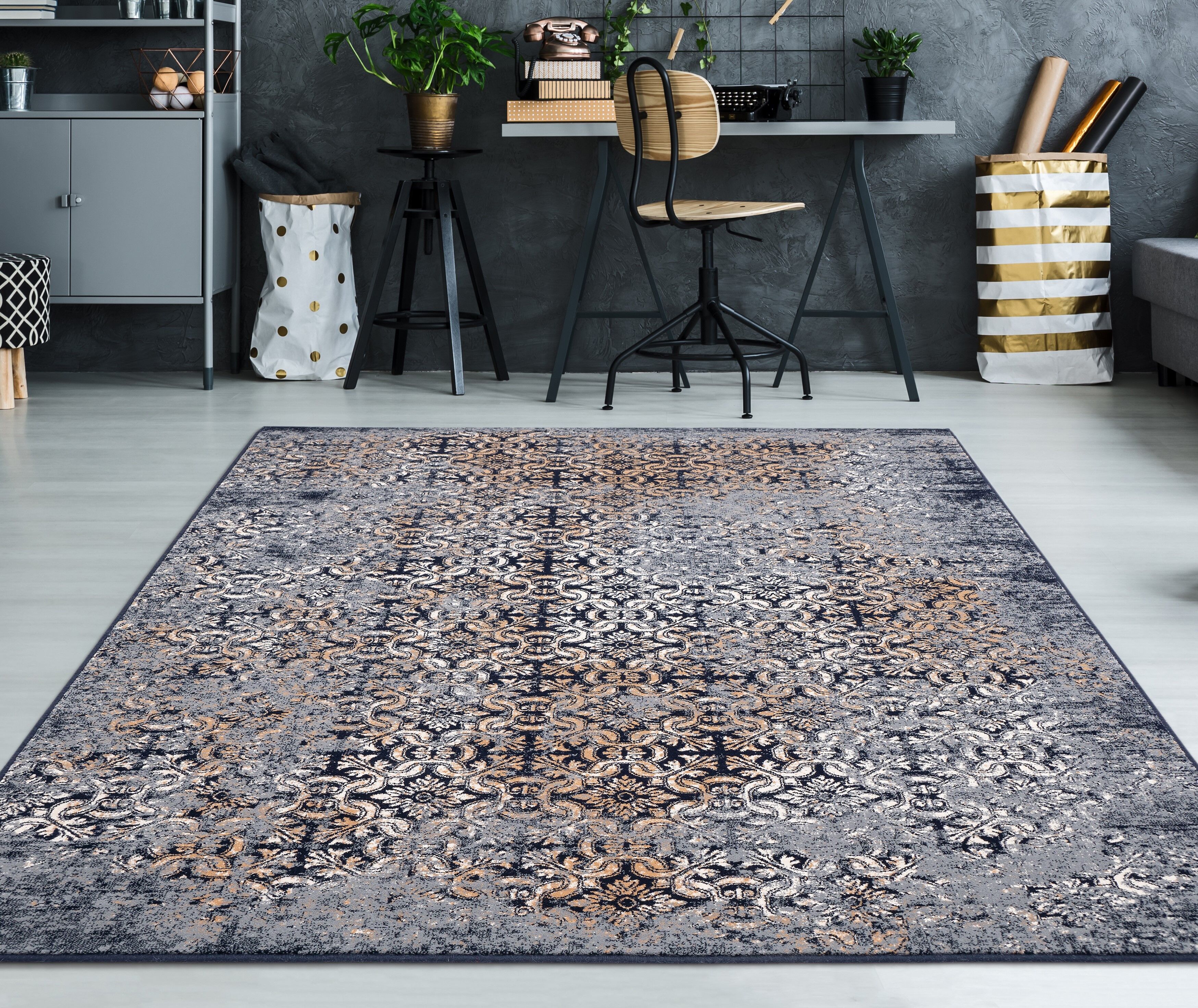 Gold blue wool rug