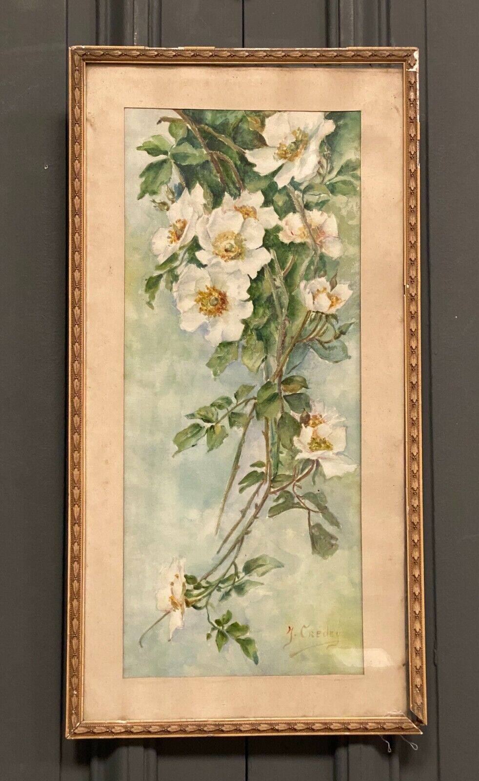 Watercolor on paper still life bouquet of flowers by J. Crédey 20th century