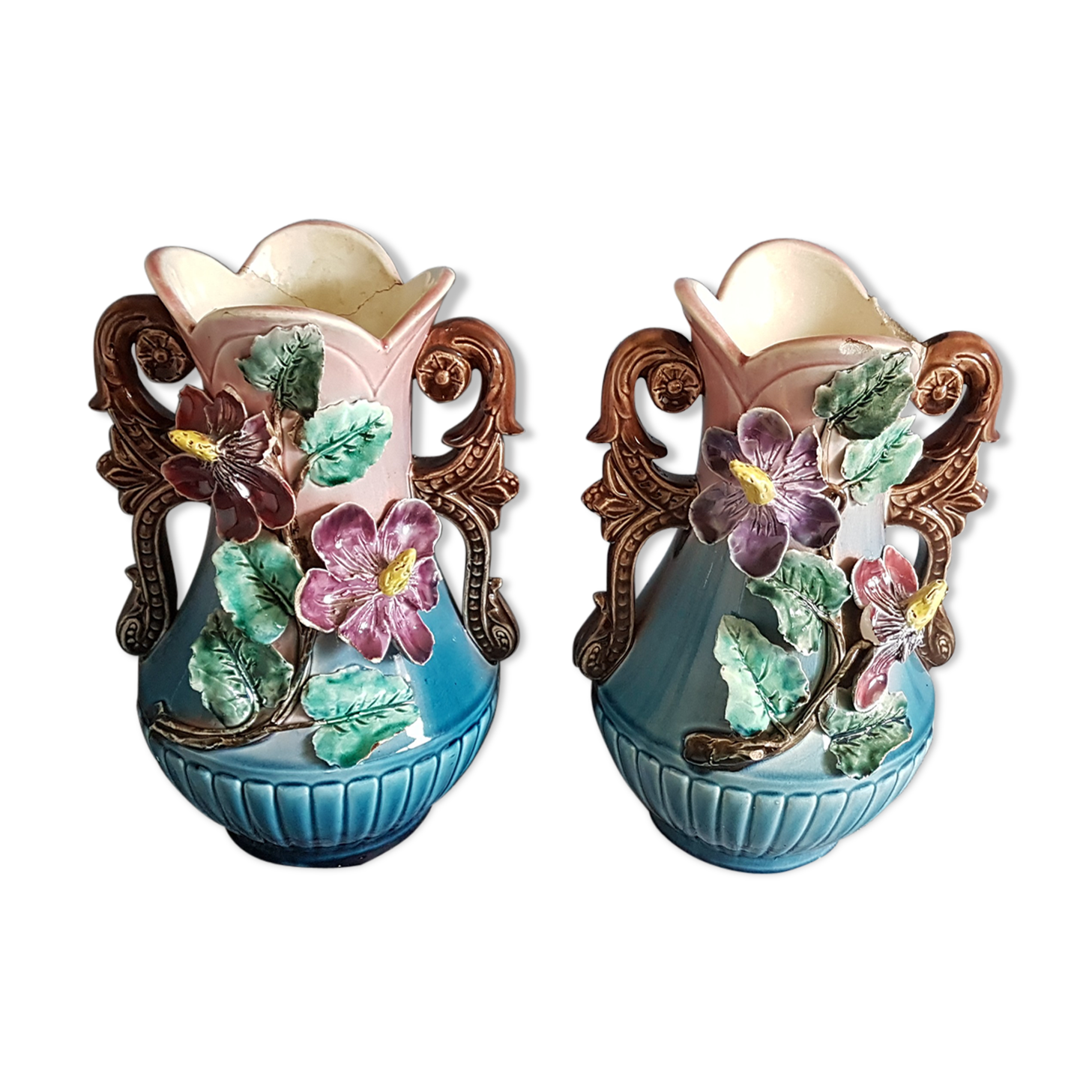 blue and pink art deco polychrome dabbling vases with floral decoration