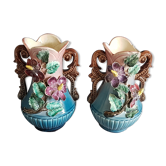 blue and pink art deco polychrome dabbling vases with floral decoration