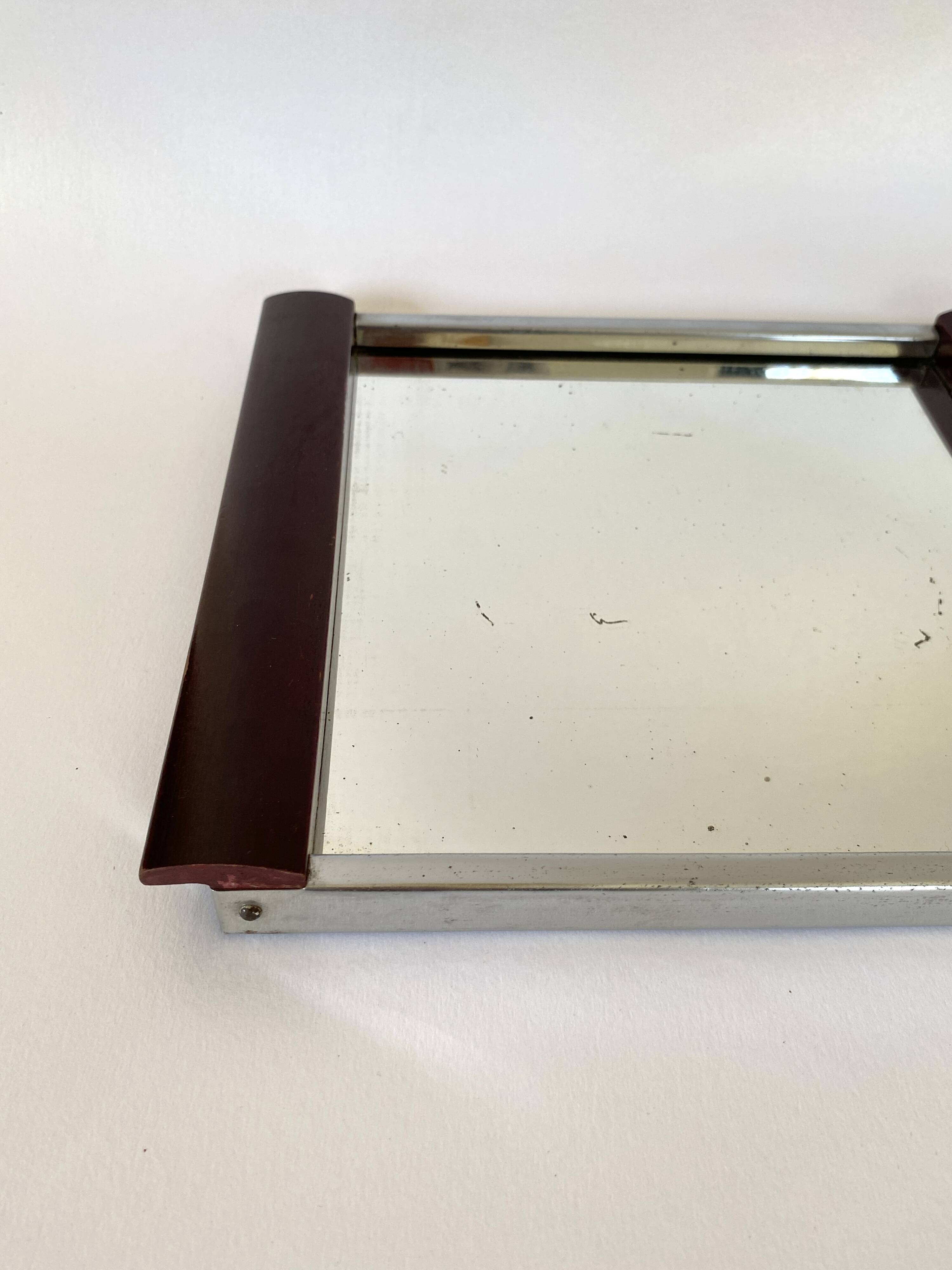 Art Deco tray, mirror, wood and metal