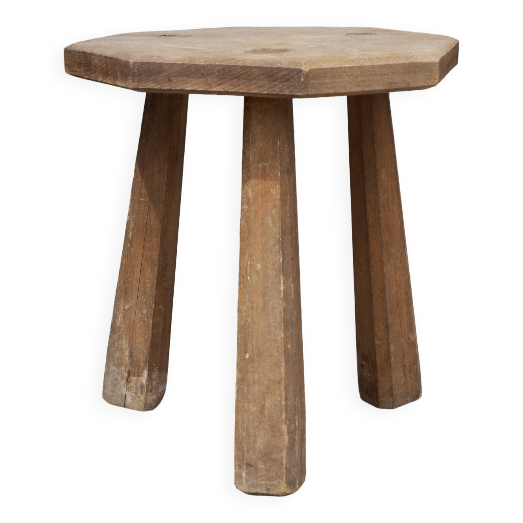 Raw wood tripod stool with octagonal seat