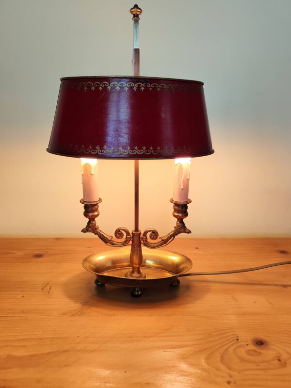 lampe bouillotte 2 feux en bronze et laiton, lampe de bureau  rouge