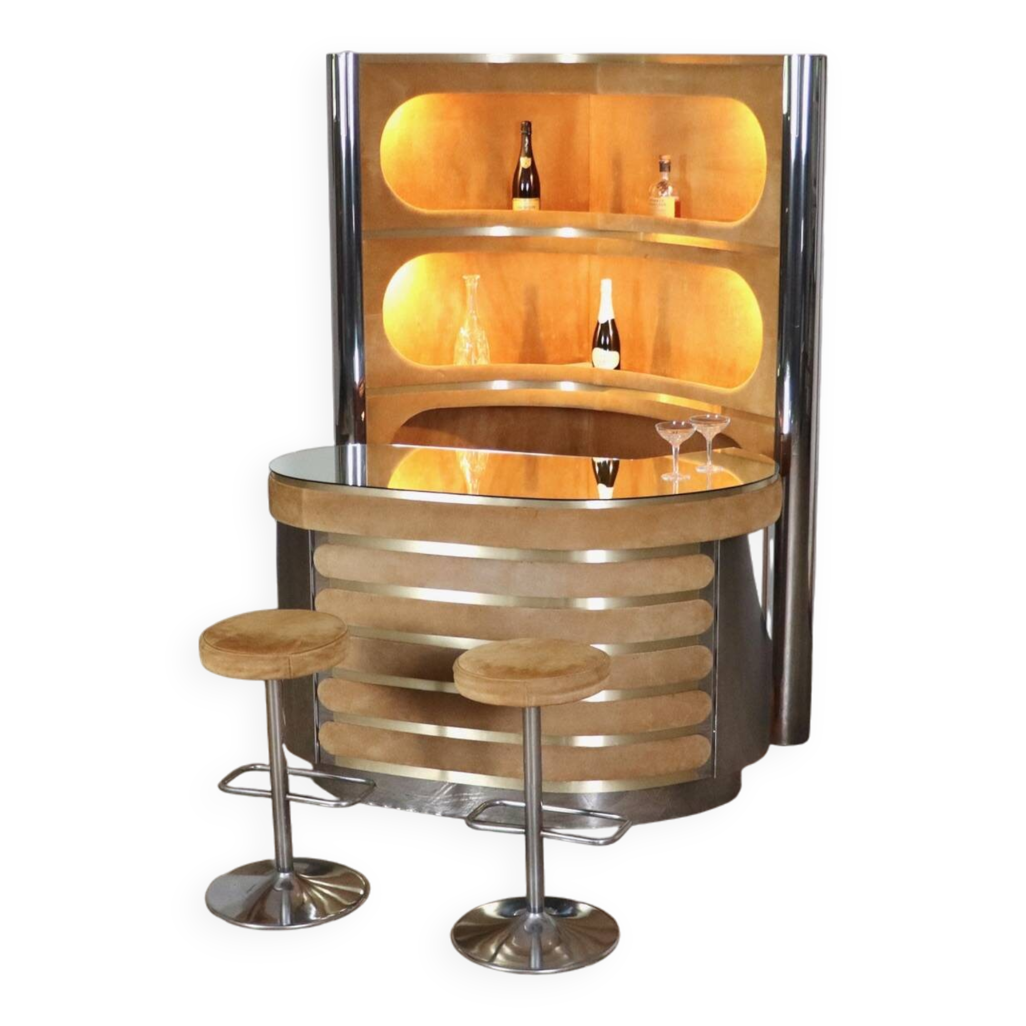 Suede and chrome bar with cognac-colored bar stools, Italy, 1970s