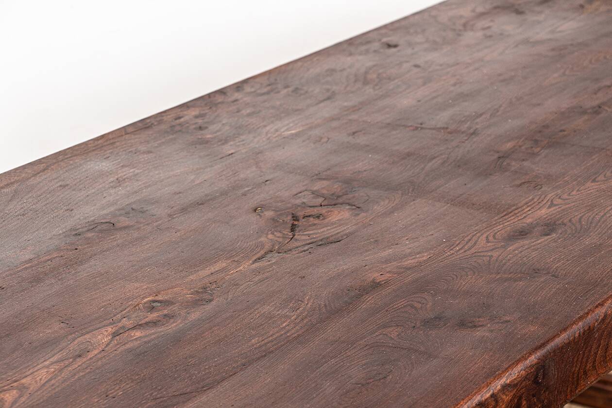 Large brutalist dining table in solid Elm, inspired by Olavi Hanninen, 1960.