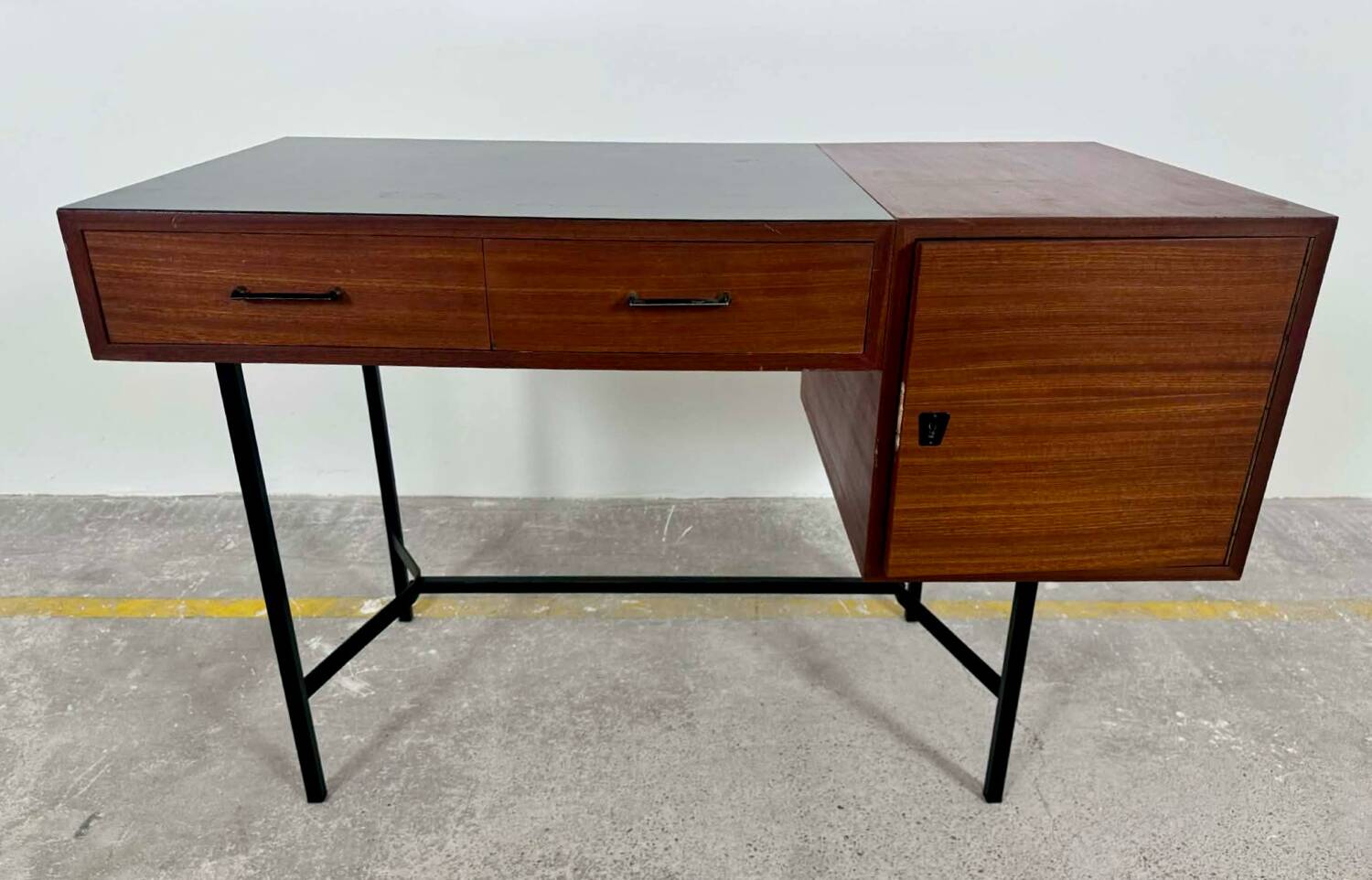 French modernist desk from the 1950s with 2 drawers, 1 cabinet, and 1 container.