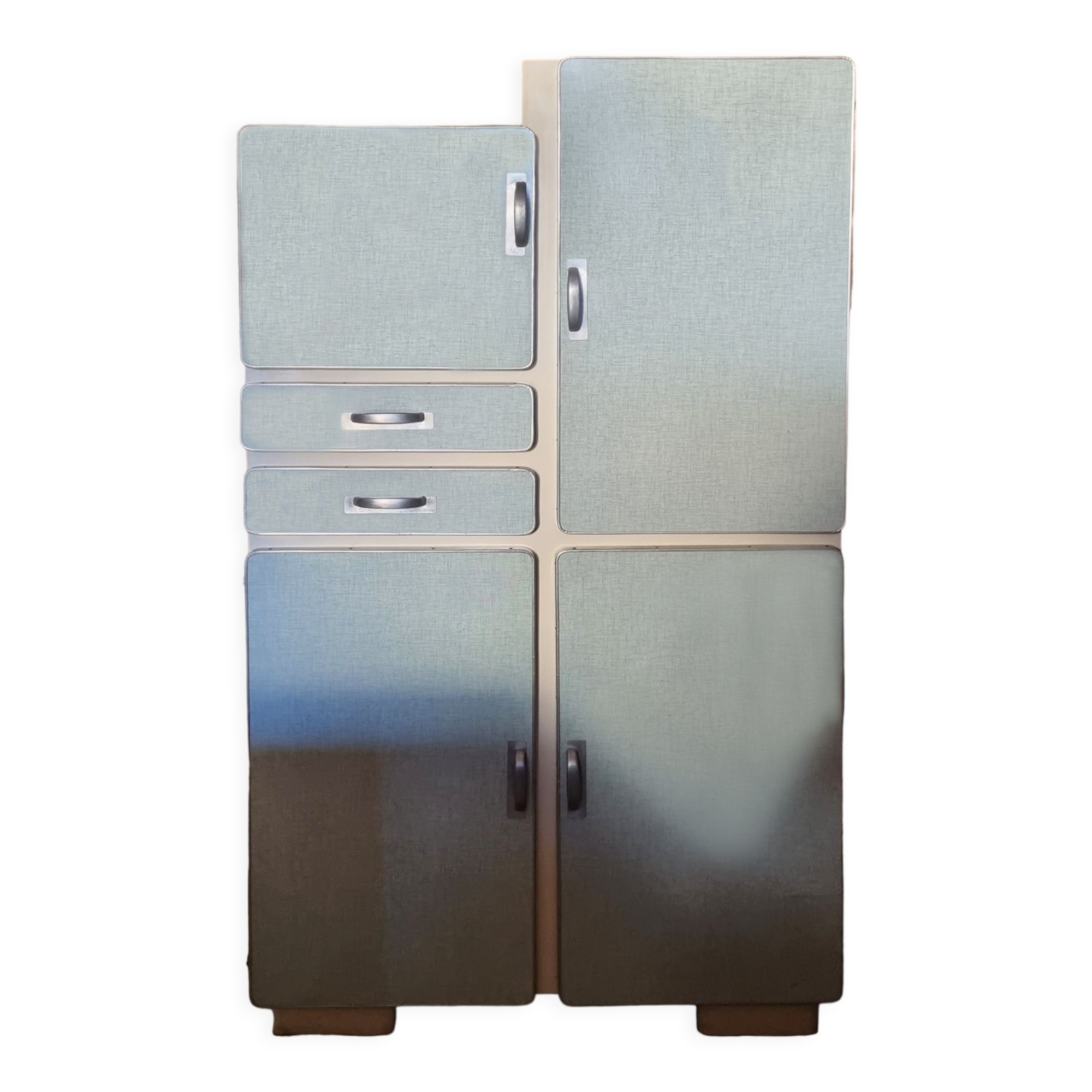 Buffet formica asymétrique, vert pâle, aluminium, vintage, années 50