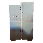 Asymmetrical formica sideboard, pale green, aluminum, vintage, 50s