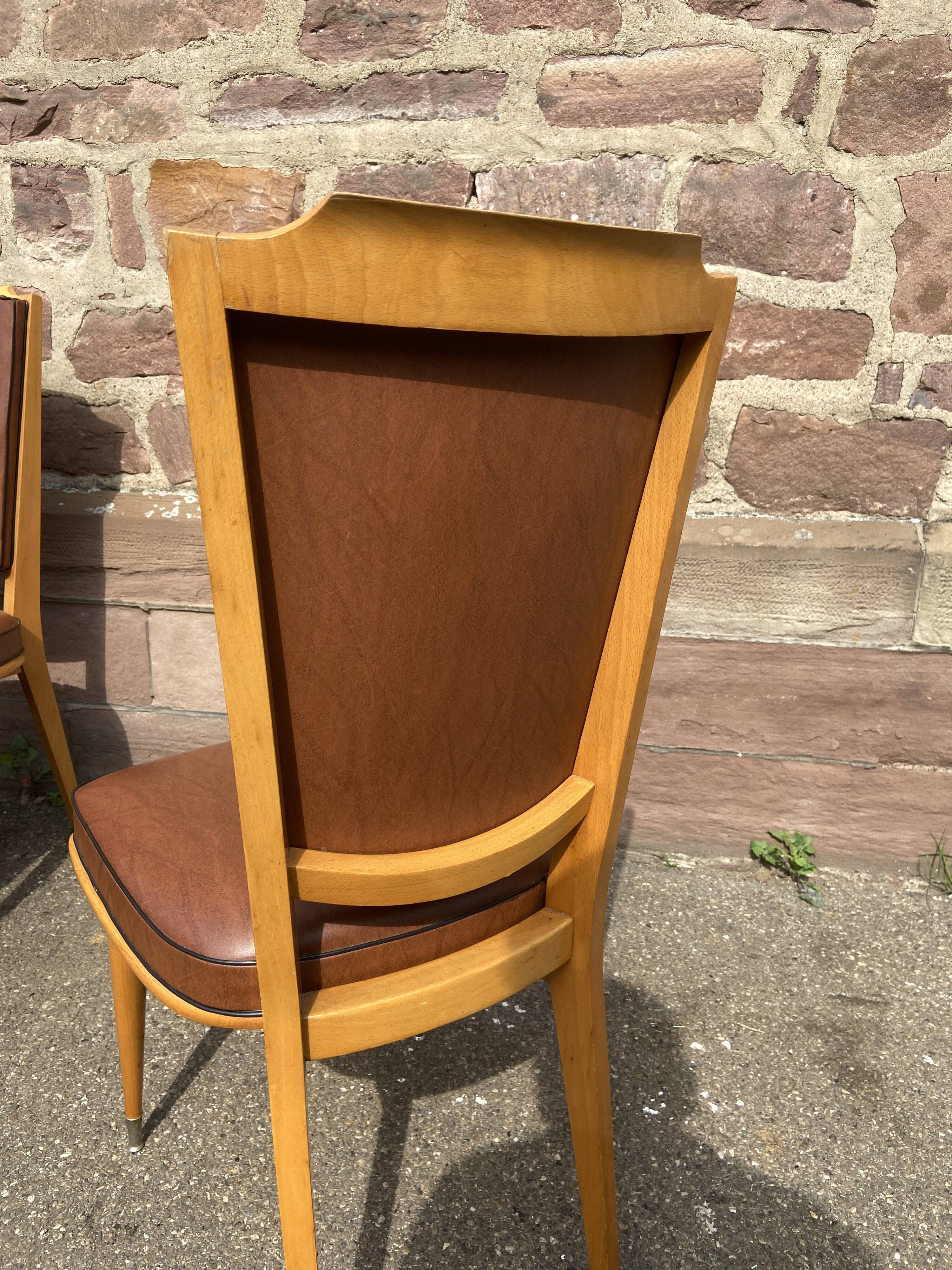 4 vintage chairs 1950 mid-century Scandinavian compass feet imitation leather Skaï