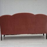 1950s, Danish 2-seater sofa, salmon pink furniture velour, oak wood legs.