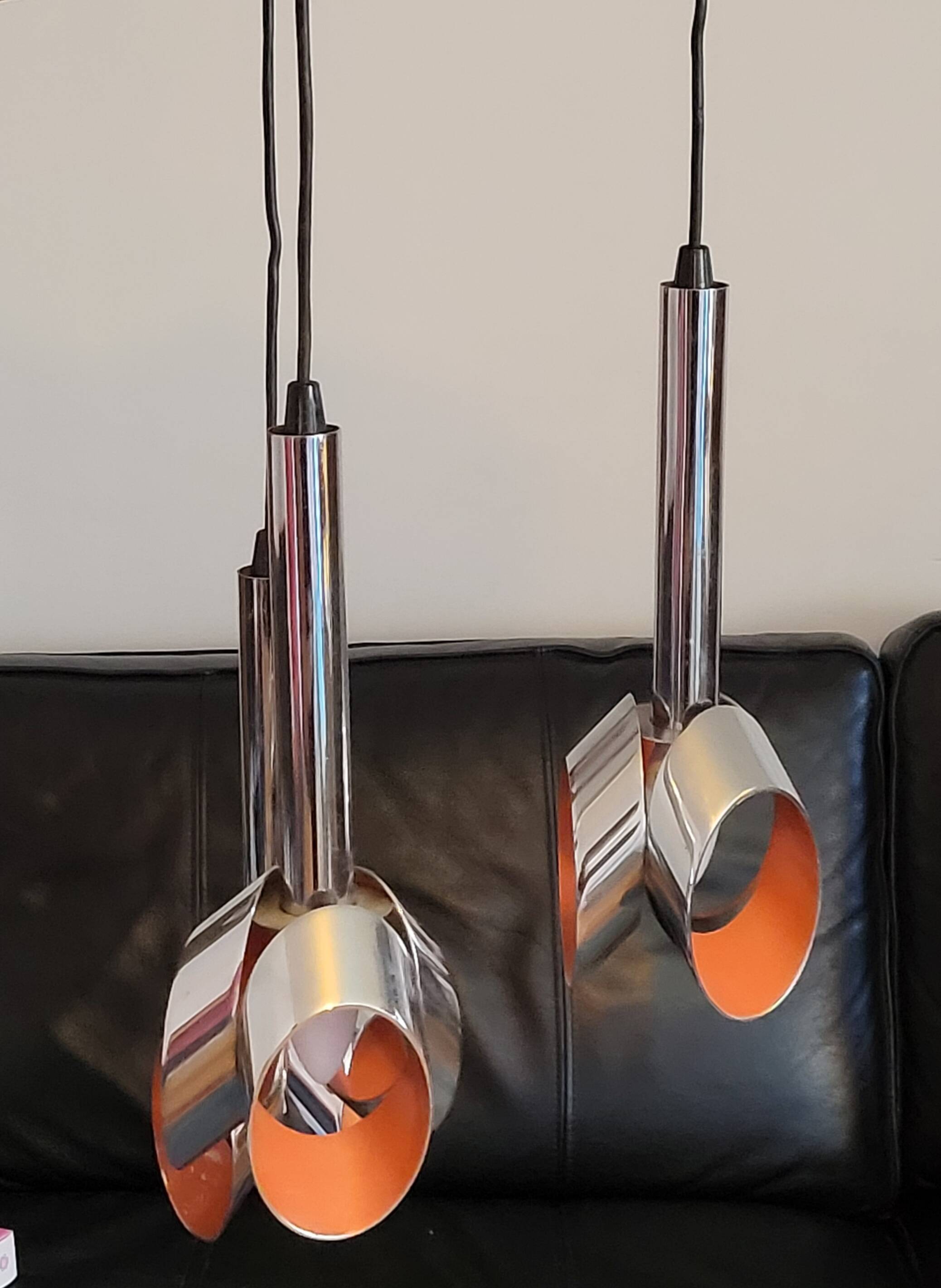 Massive Belgique three-armed waterfall pendant lamp in chrome and orange lacquer