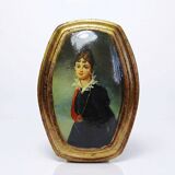 Small vintage Venetian oil on wood convex medallion portrait.