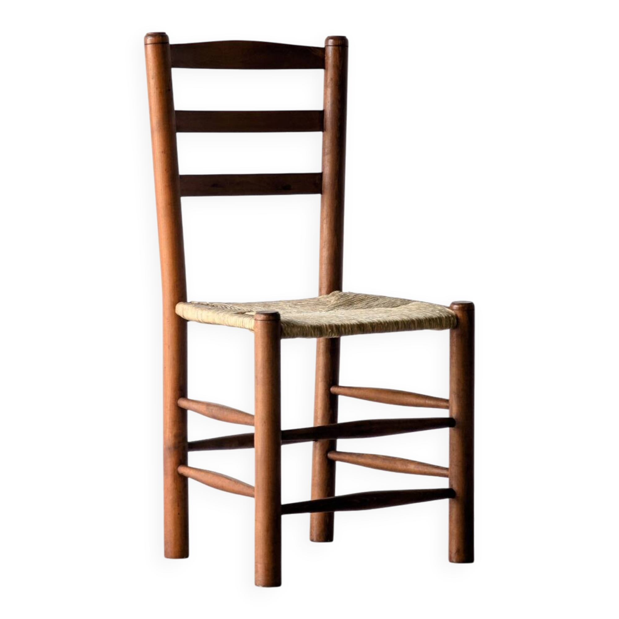 4 vintage brutalist chairs, wood & rope, Sentou / Perriand, 1960