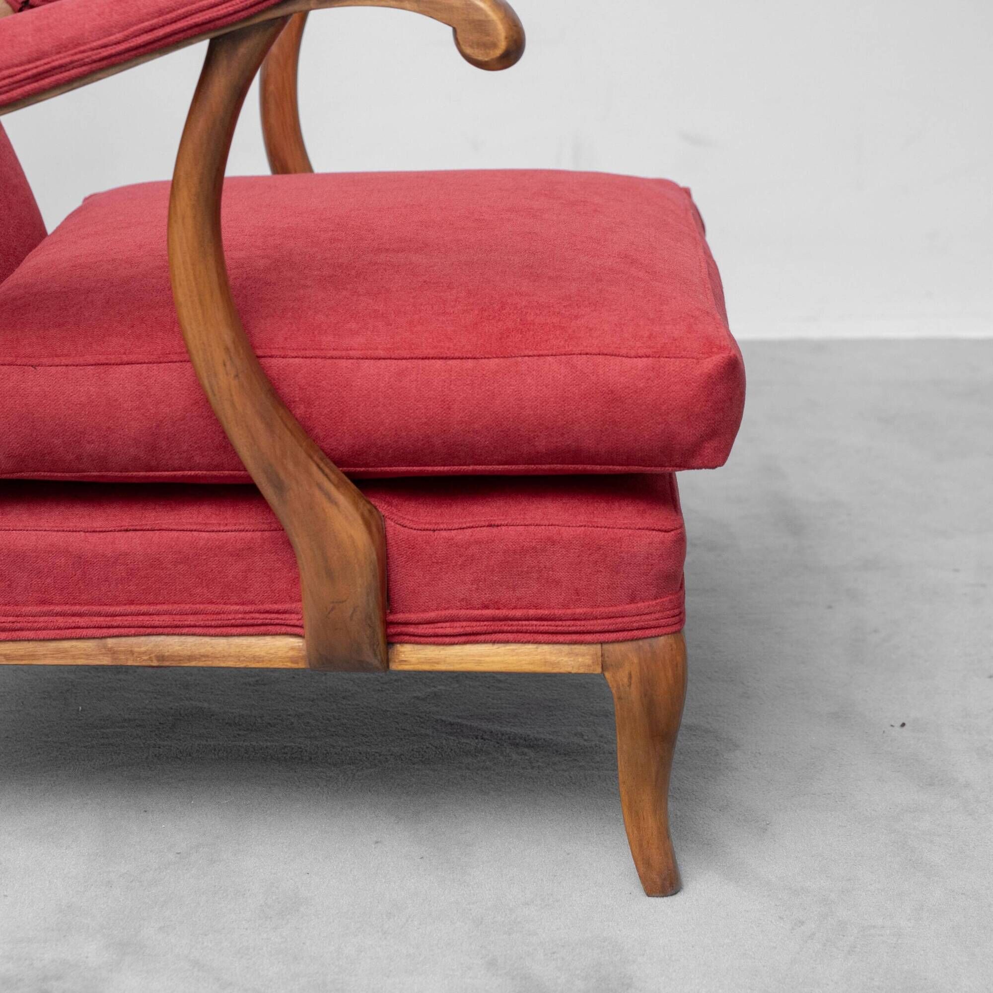 Pair of vintage armchairs attributed to Paolo Buffa in red fabric from the 1950s.