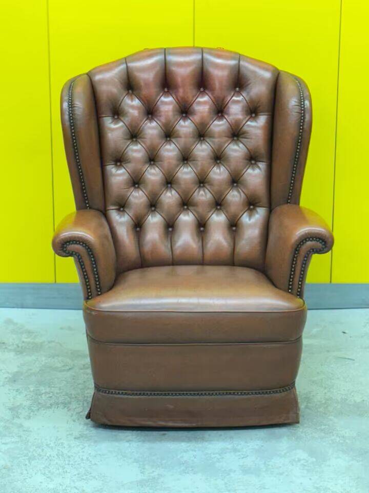 Original English Chesterfield Wingback Chair - Vintage Cognac Leather