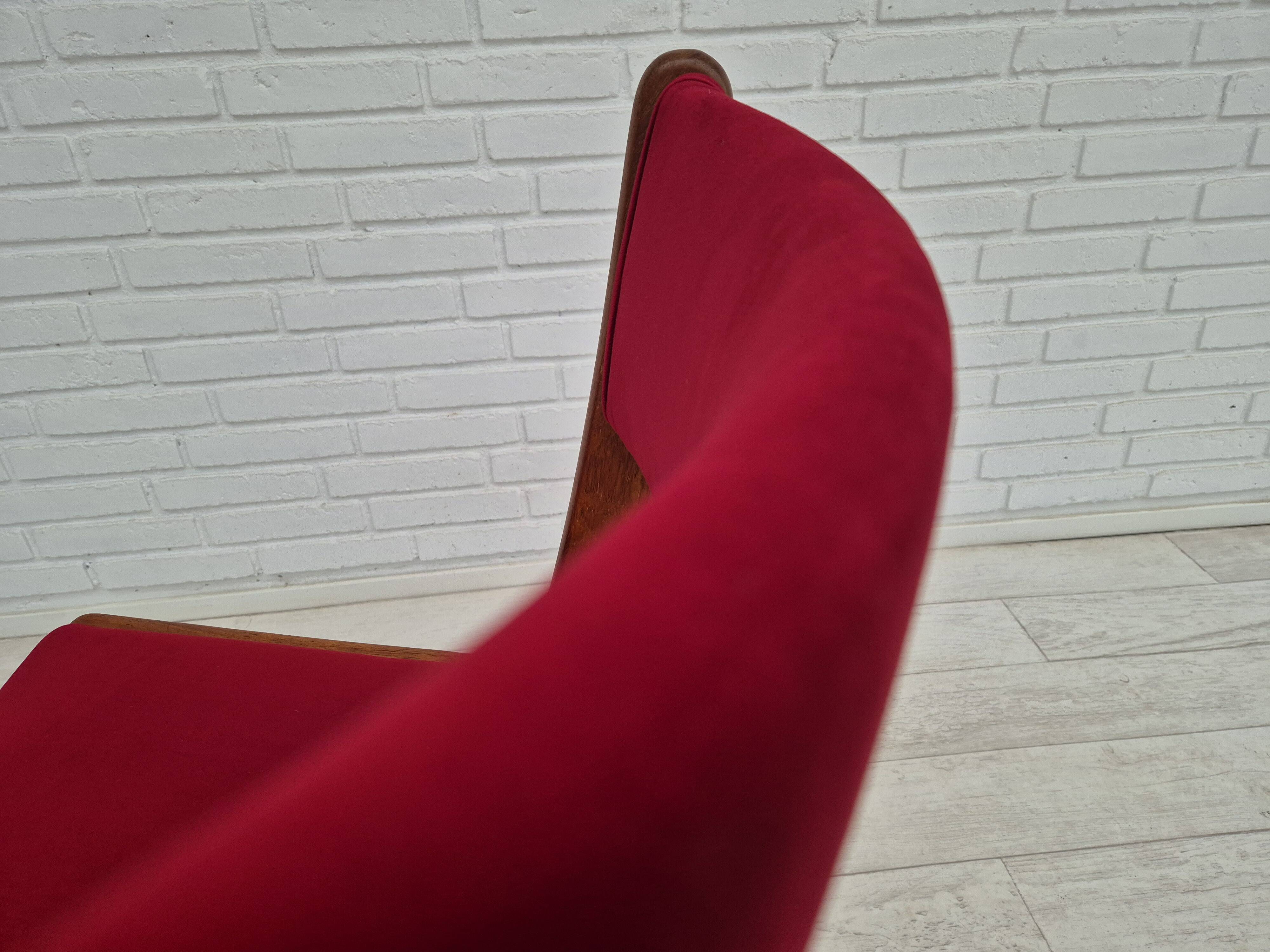 1970s, set of 4 reupholstered Danish chairs, Farsø Møbelfabrik, teak wood, furniture velour.