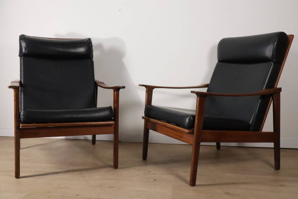 Pair of Scandinavian teak and leatherette armchairs, 1960