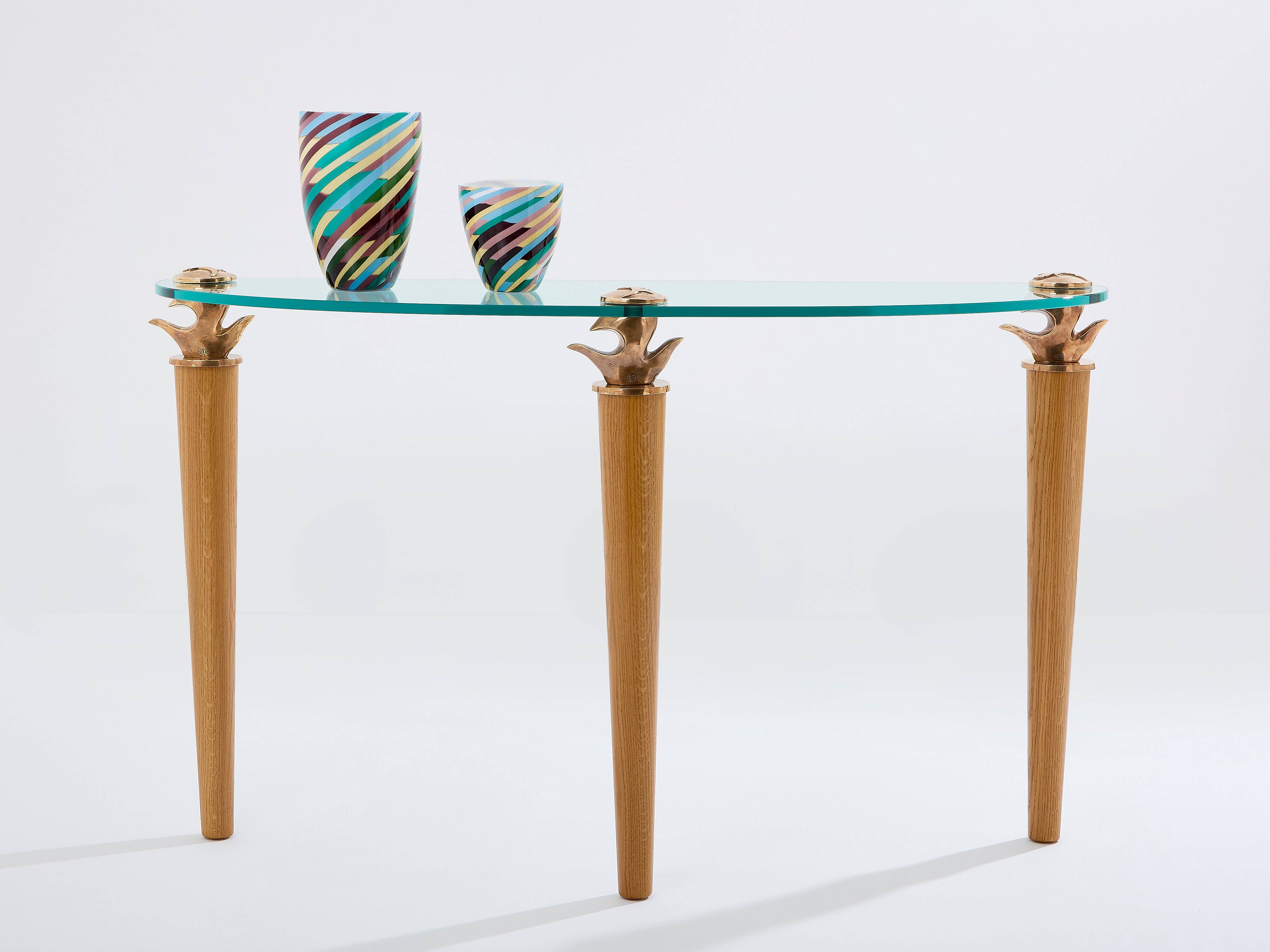 Console chêne massif et bronze verre signée Garouste & Bonetti 1995