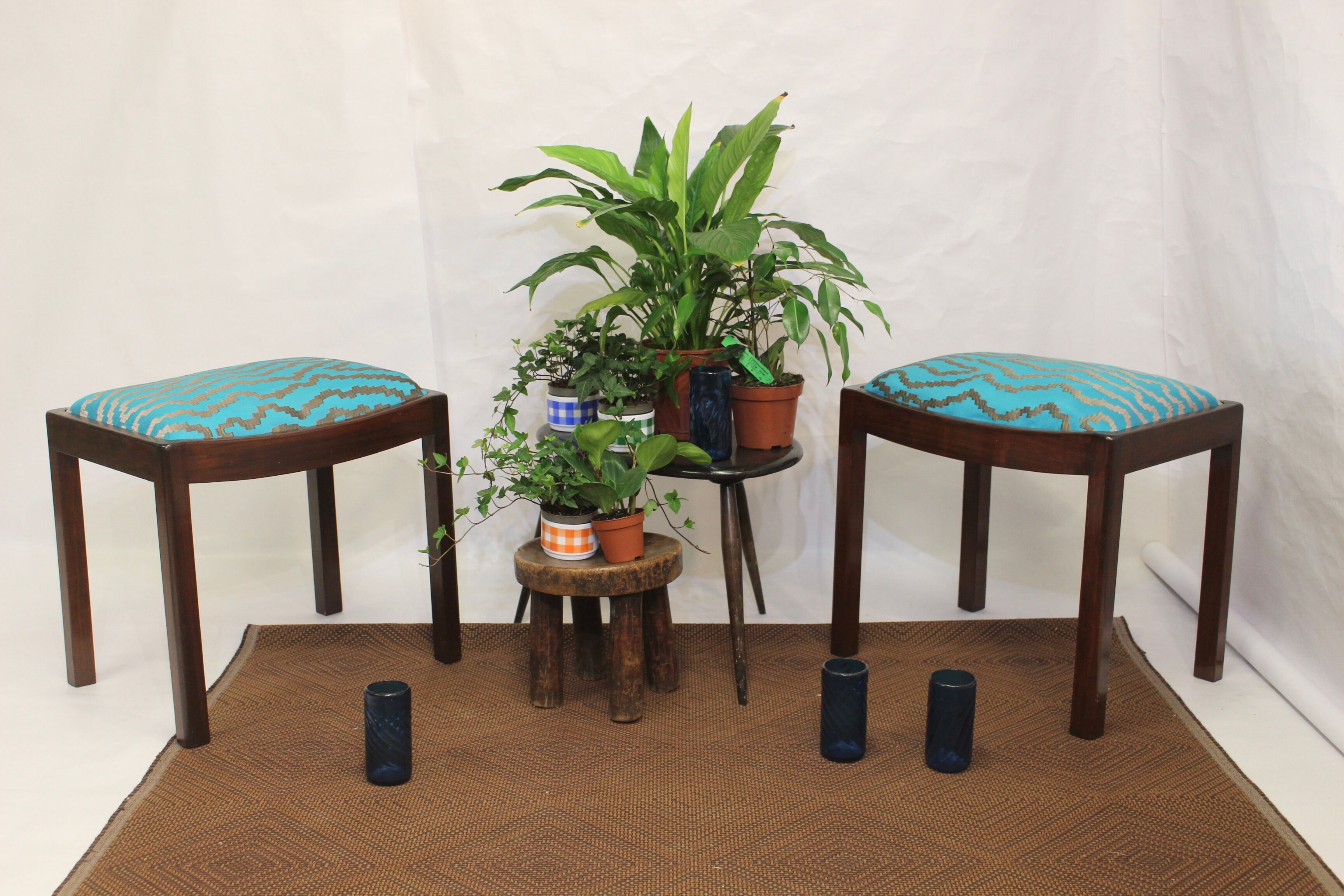 Pair of 50s/60s designer stools in jacquard fabric.