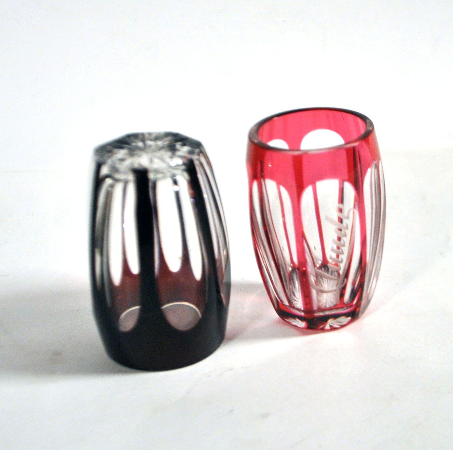 SAINT-LOUIS set of 2 crystal double overlay red engraved shooter glasses