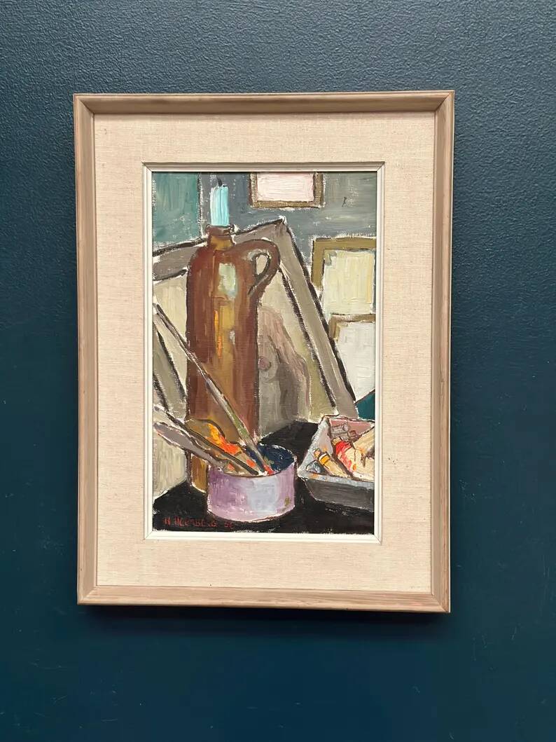 Original Swedish Oil on Canvas – “Still Life” by Harry Holmberg – Signed – Dated 1956 – Vintage & Framed – 47 × 34.5 cm (18.5" × 13.6")