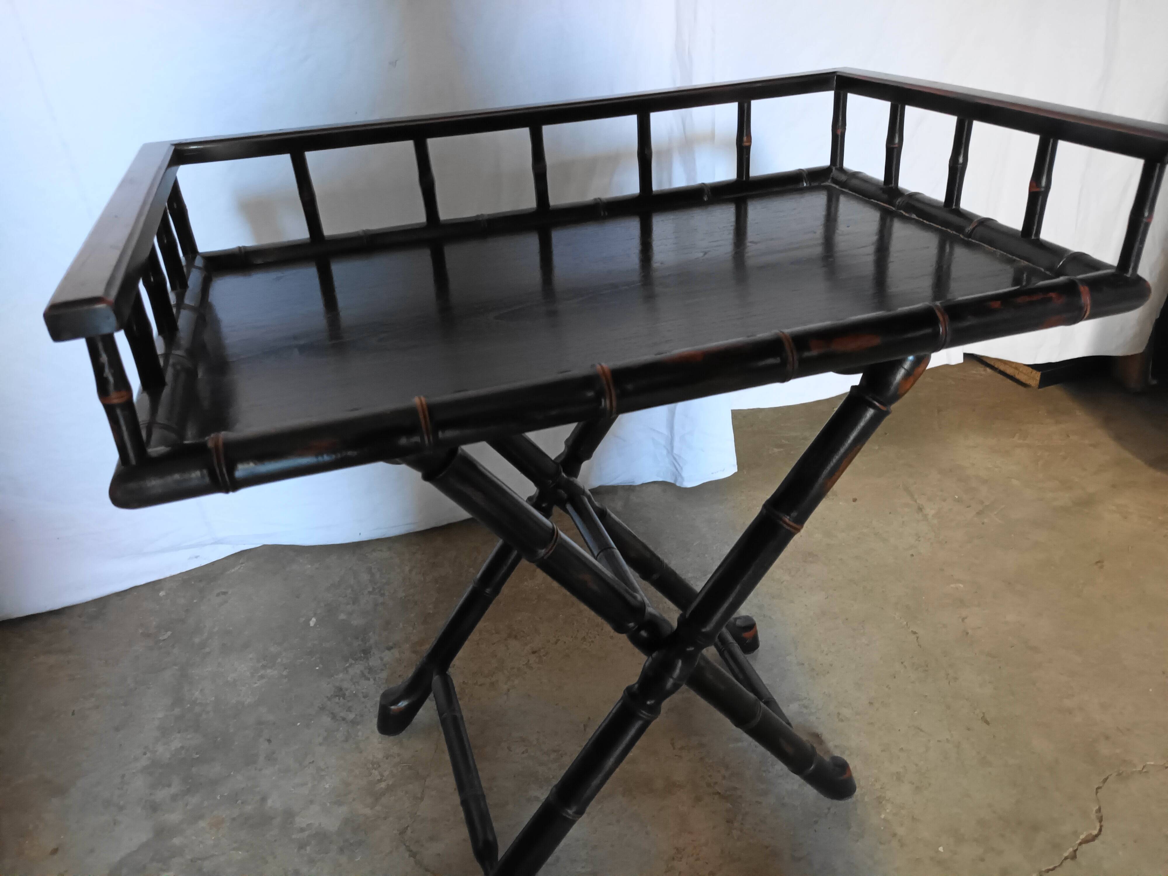 Foldable desk table in blackened wood and carved bamboo style, 1950s