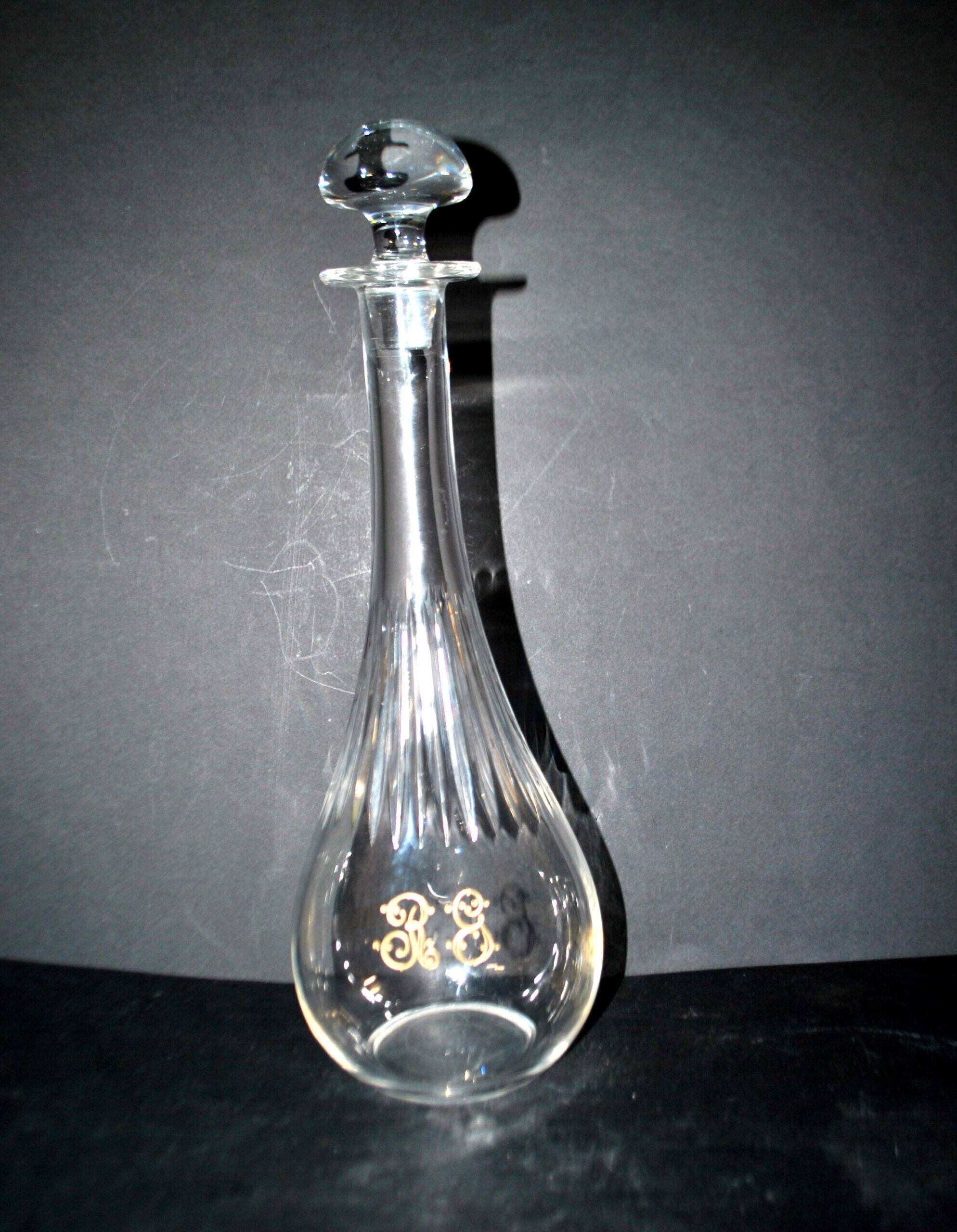 Carafe ancienne en cristal taillé et gravure dorée monogramme RG H33.5cm