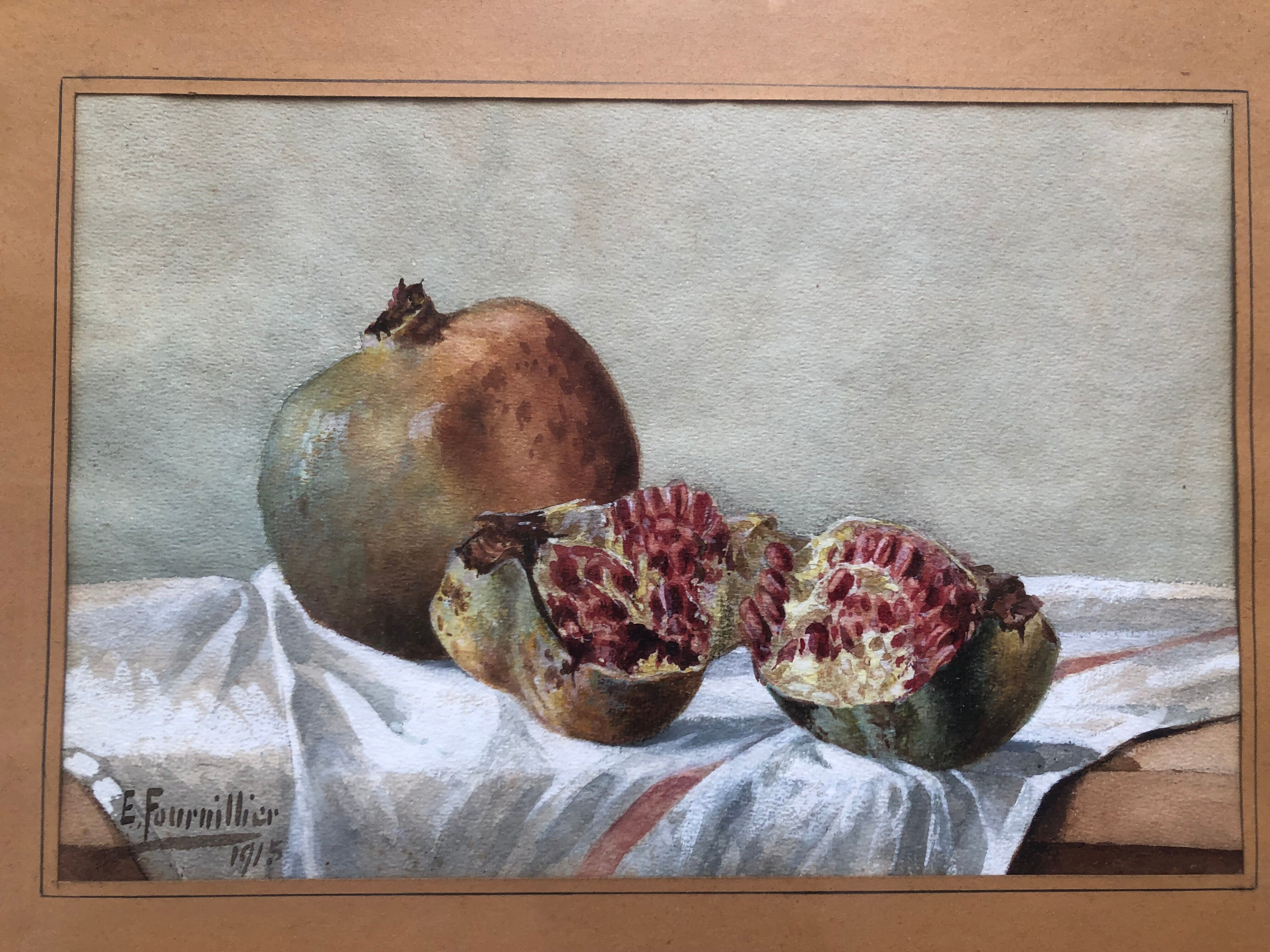 Watercolor "les grenades" signed e. fournillier 1915, in gilded wood frame, still life, perpignan 66