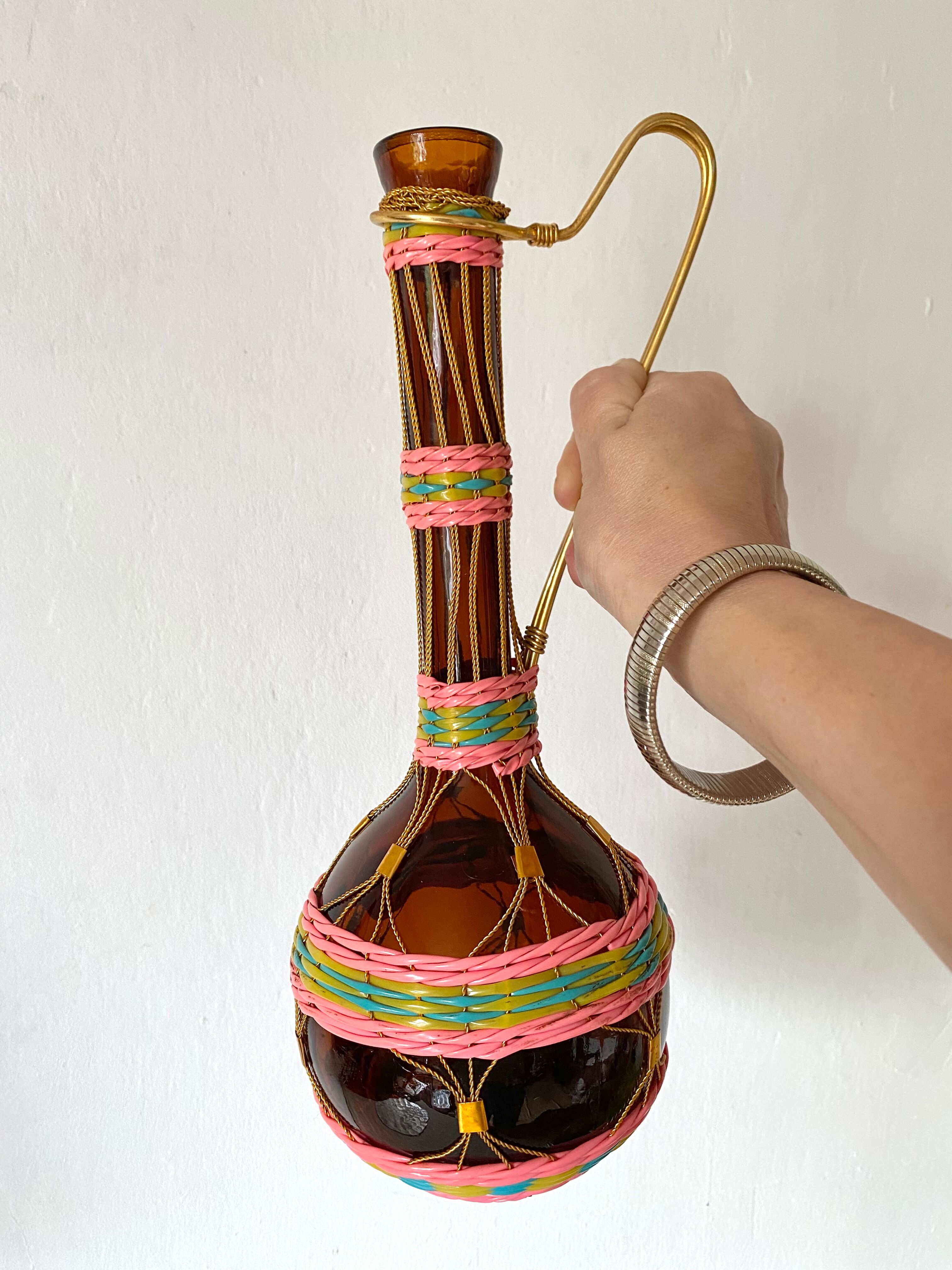 Vintage amber glass bottle scoubidou