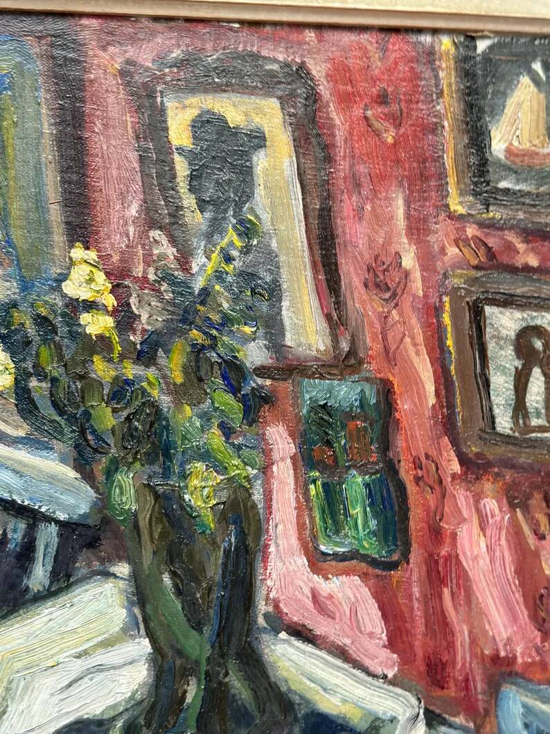 Oil on panel by Swedish artist – "Interior with figure" by Olle Nordberg (1905–1986) – 1944 – vintage and framed – 40×46 cm (15.7"×18.1")