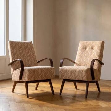 Restored bentwood armchairs by Jaroslav Šmídek, pair, Czechoslovakia, new beige patterned upholstery, 61 × 82 × 81 cm