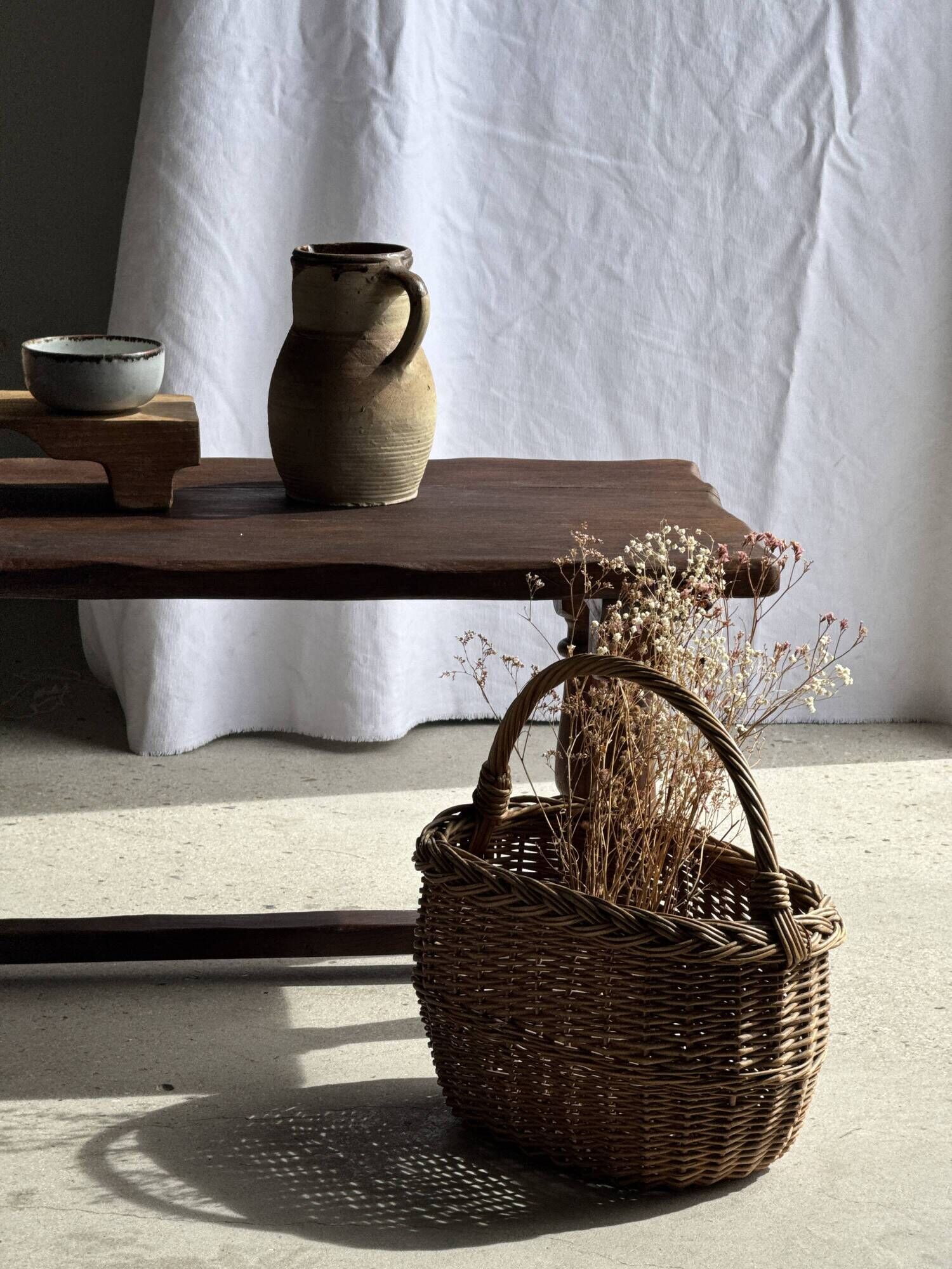 Large antique woven wicker basket with handle H45 L43 D25