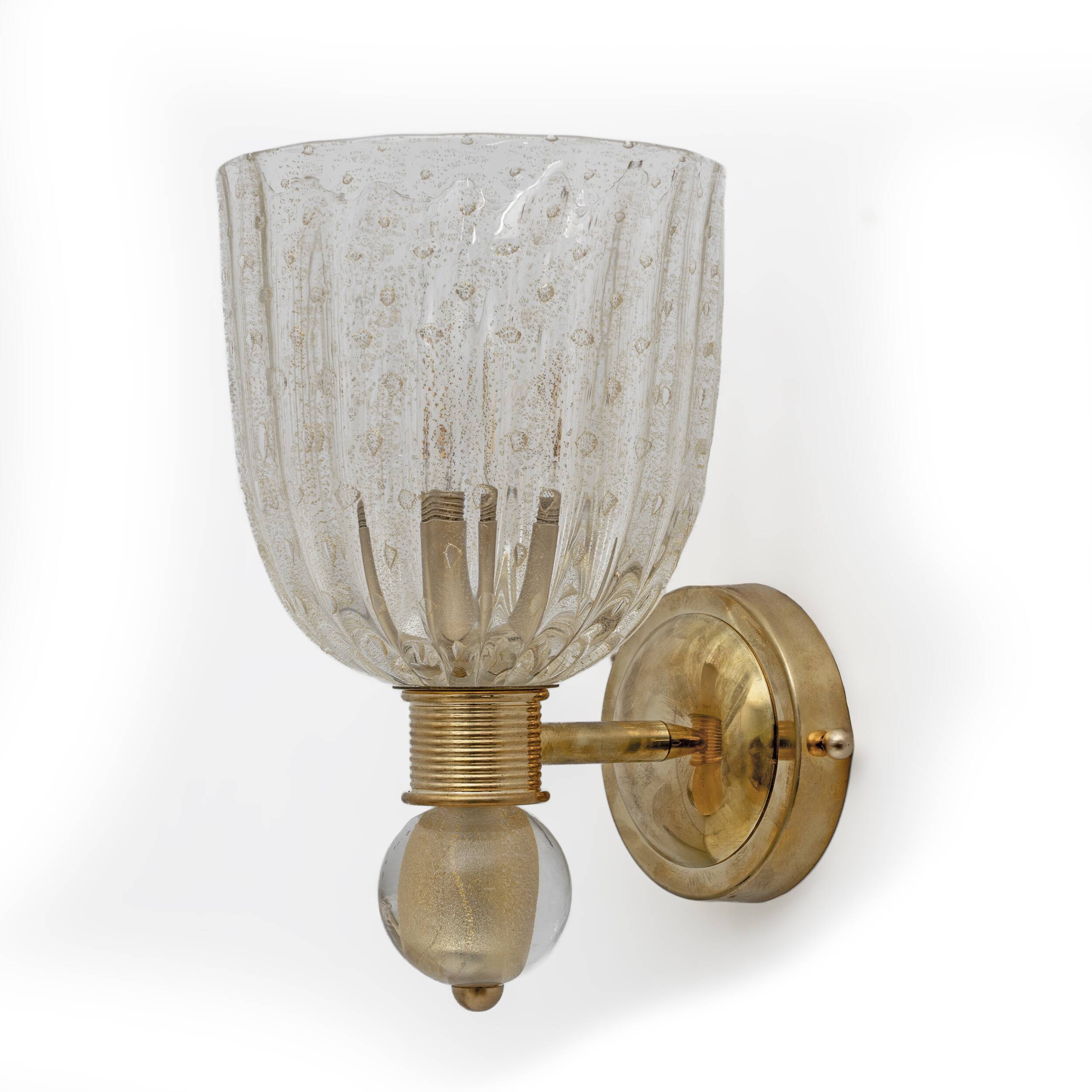Barovier & Toso style  Brass and Pulegoso Murano Glass Sconces, Pair