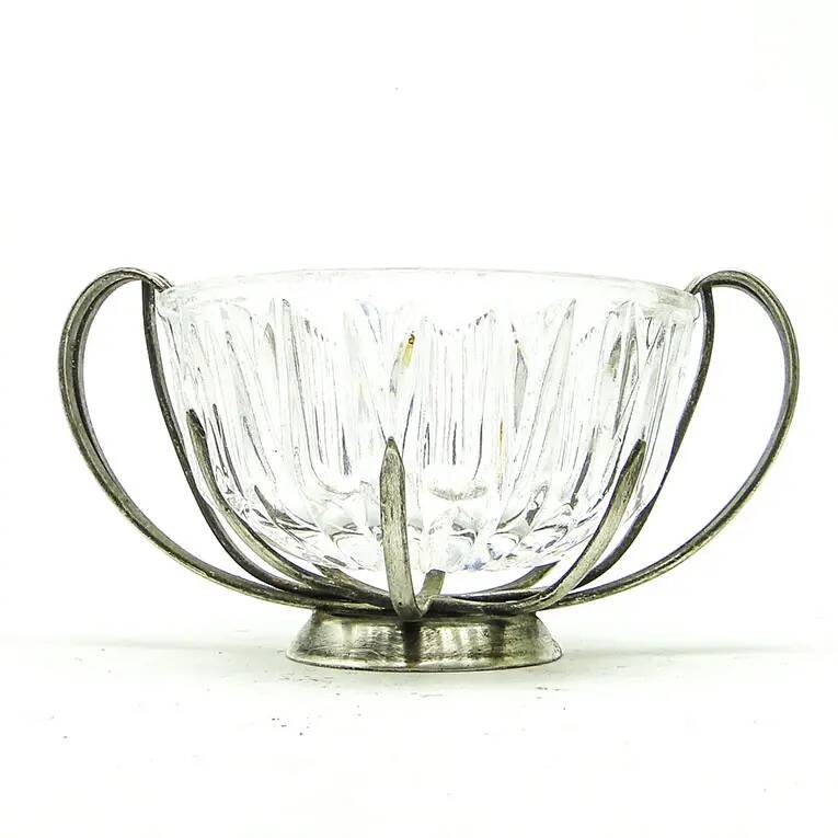 Postmodernist sugar bowl, glass, silver-plated brass, HEFRA, Poland, 1970s