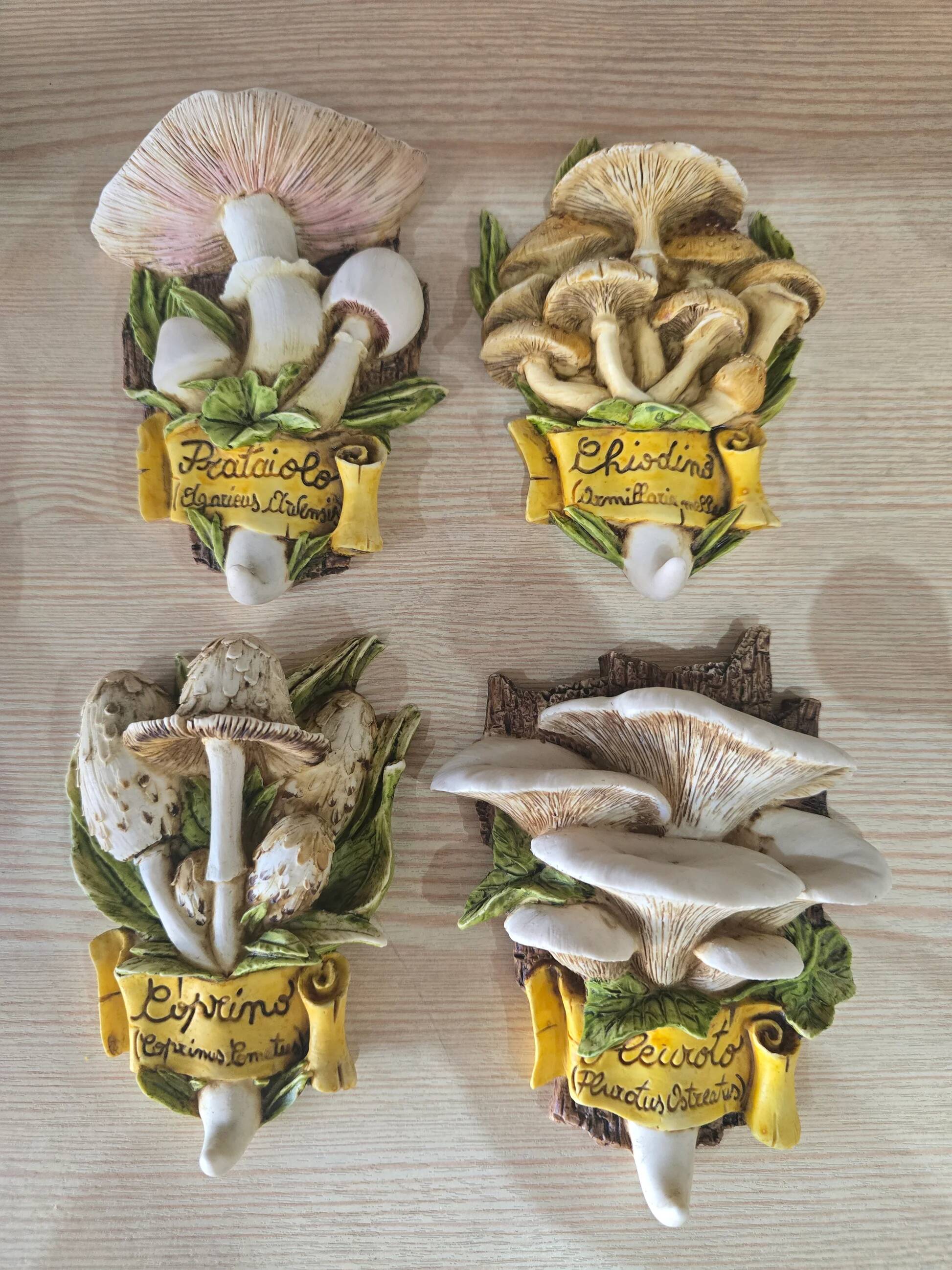 Set of 4 decorative ceramic wall plaques featuring mushrooms (signed) - 14cm