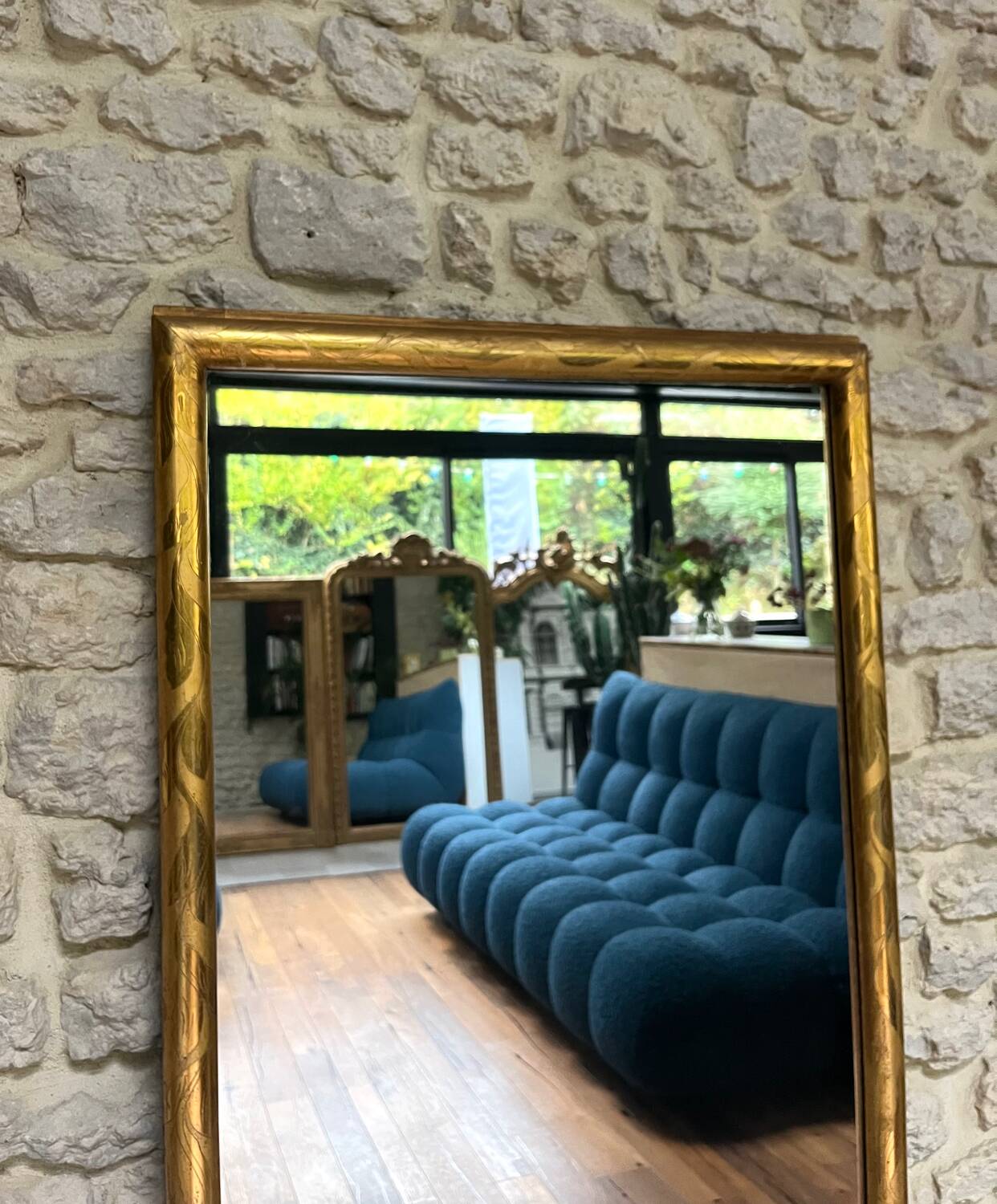 Antique mirror, 145/68cm, gilded with gold leaf and mercury.