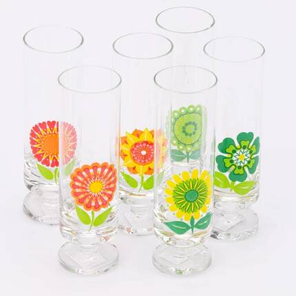 Set of 6 vintage pop art glasses with multicoloured flowers - 1970s