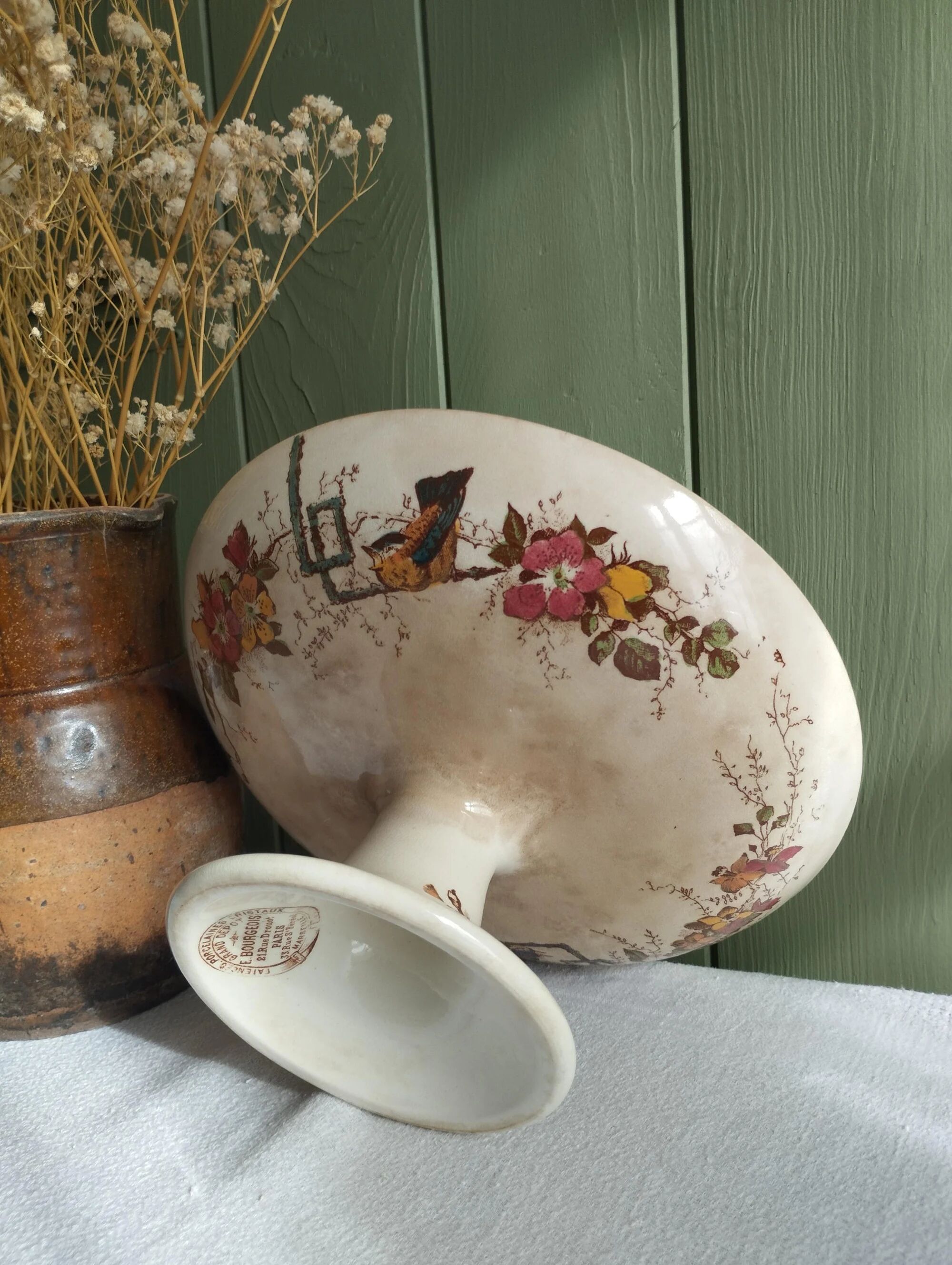 Ironstone compote E. Bourgeois Grand Dépôt Birds