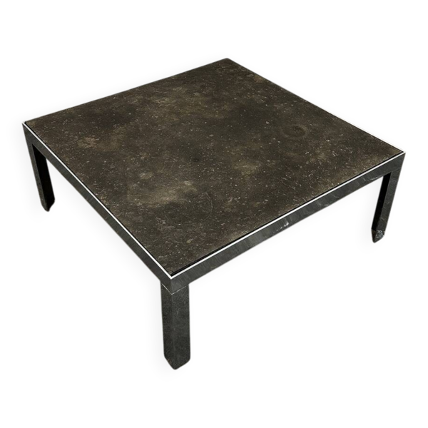 Table basse en ardoise et chrome des années 1970 avec fossile de coquillage, Allemagne des années 1970.