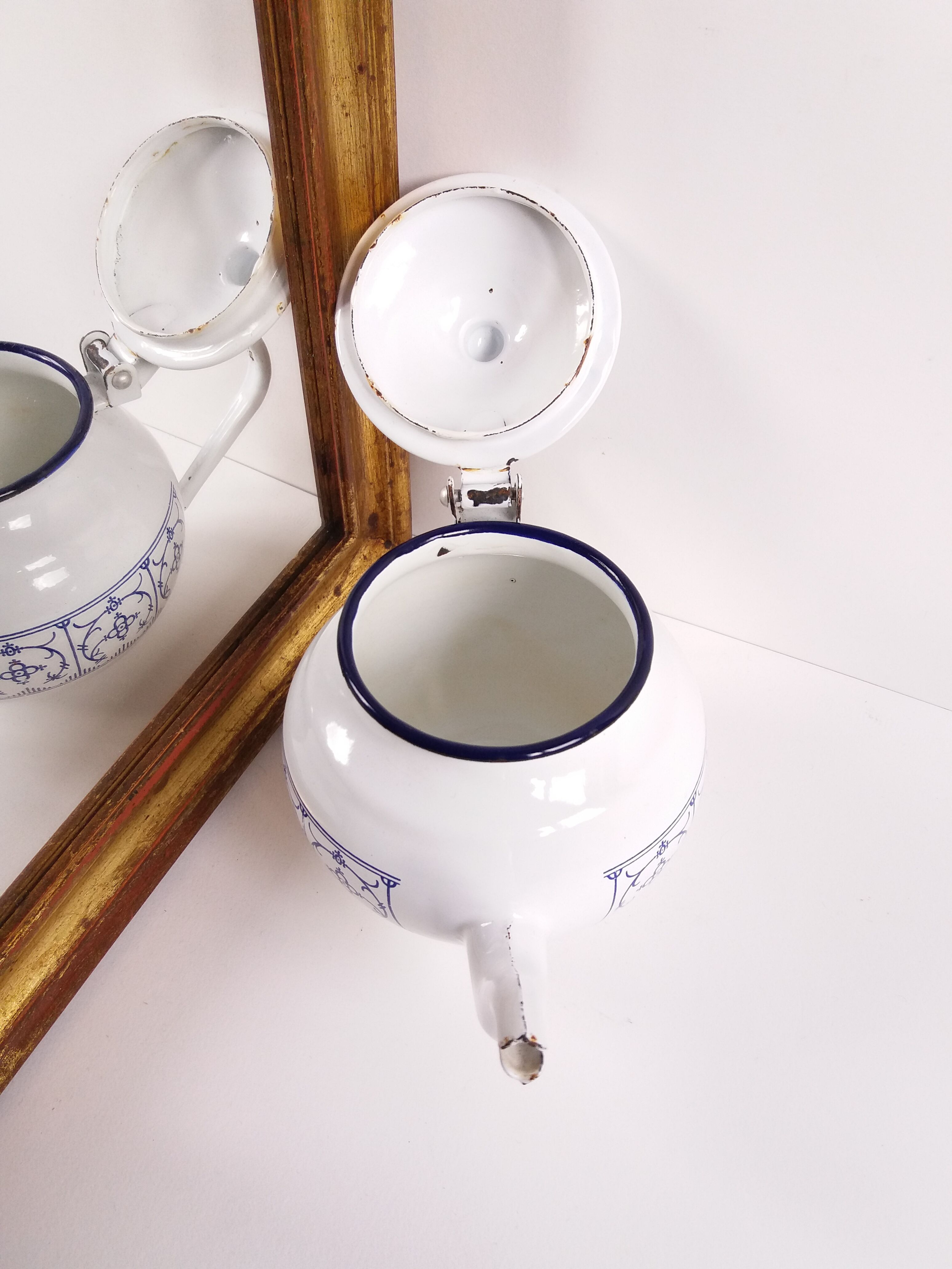 Teapot enamel white and blue