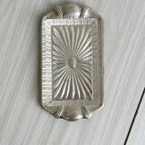 Metal butter dish and thick rectangular glass bowl.