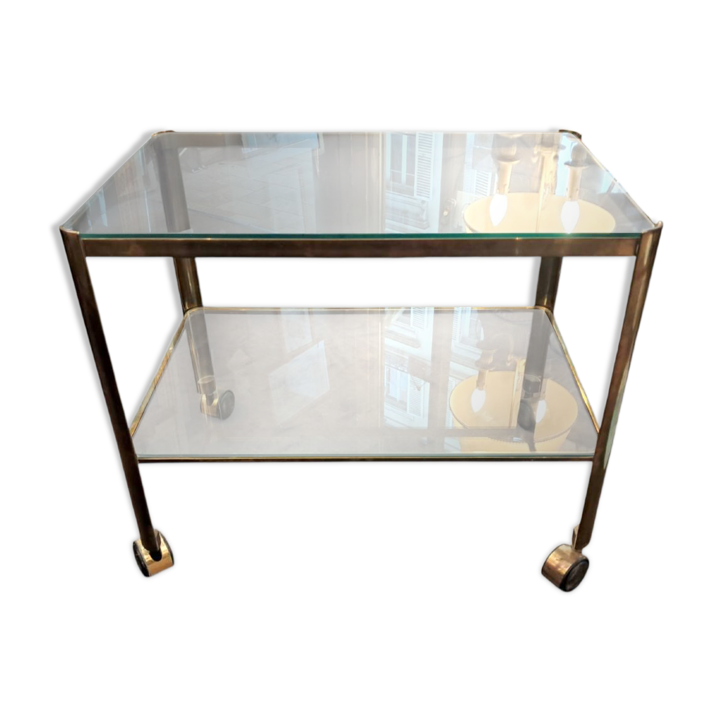 Jacques Quinet for Broncz, wheeled cart in bronze and glass, 20th century.