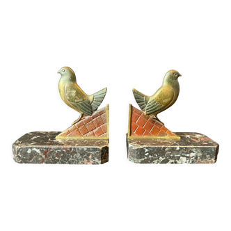 Pair of art deco bronze bookends pigeons dove marble